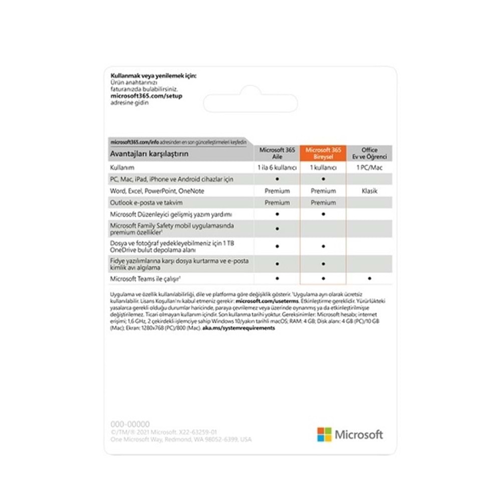 Microsoft Ofis 365 Bireysel Tr Kutu 1 Yıl QQ2-01451