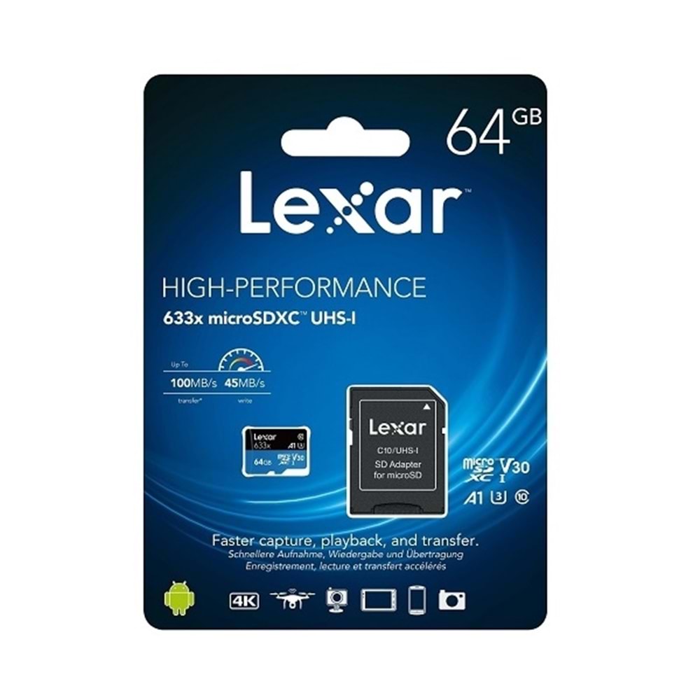 Lexar 64GB 633x 100Mb/s C10 A1 V30 U3 Micro SD Hafıza Kartı