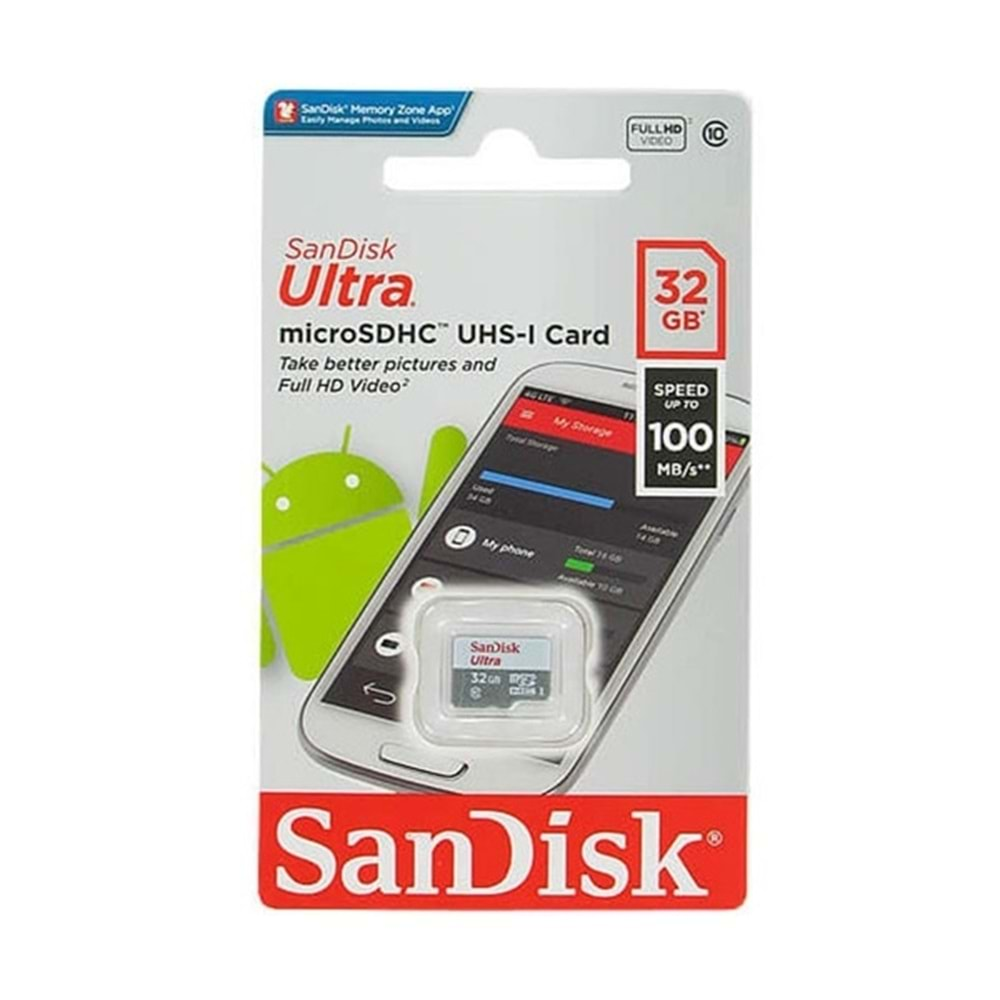 Sandisk 32GB Ultra Micro Sdhc Uhs-1 Class 10 100MB/S SDSQUNR-032G-GN3MN Hafıza Kart