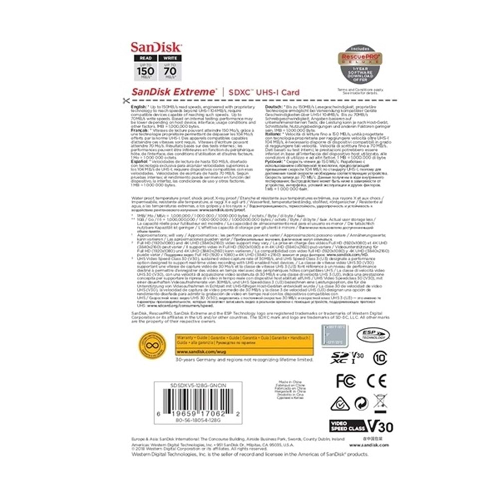 Sandisk 128GB Extreme SDXC Card 150MB/s V30 UHS-I U3 Hafıza Kartı SDSDXV5-128G-GNCIN