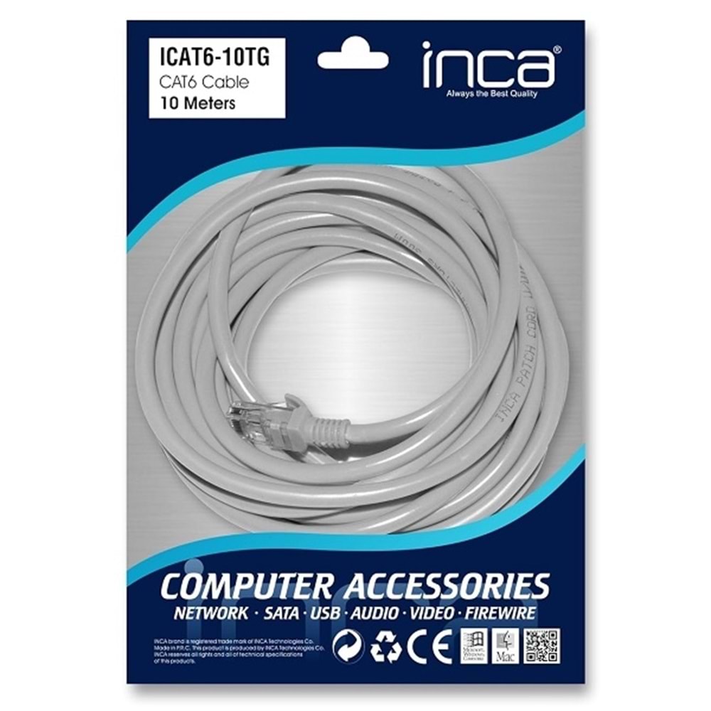 İnca Icat6-10tg 10mt 24awg Cat6 Utp Patch Kablo Gri.
