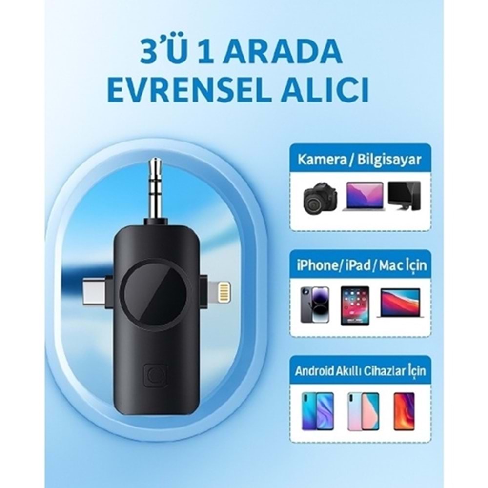 Dp M38 3in1 Type-C, Lightning, 3.5mm Jak, Çiftli Yaka Kablosuz Mikrofonu