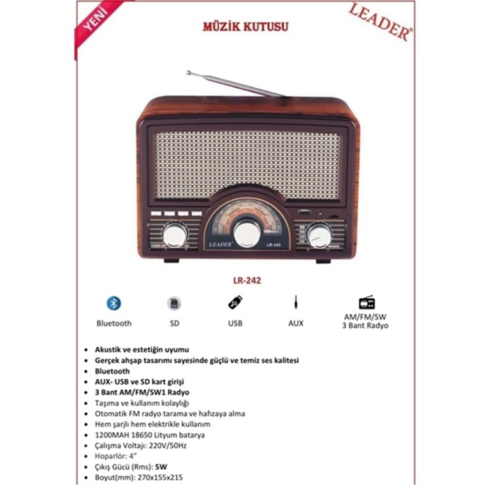 Leader LR-242 Radio Bt Usb Tf Retro Müzik Kutusu