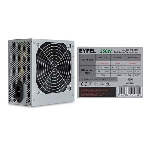 Eyfel Efs-2500 200W Peak 250W Metalik 12Cm Fanlı Power Supply
