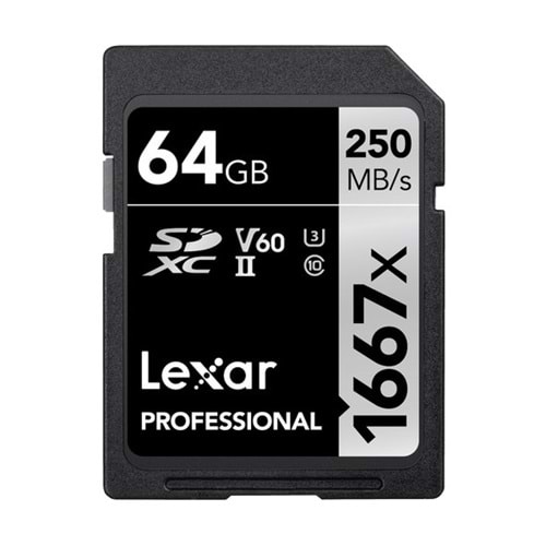 Lexar 64Gb 250Mb/s 1667x C10 V60 U3 UHS-II SDXC 4K Hafıza Kartı