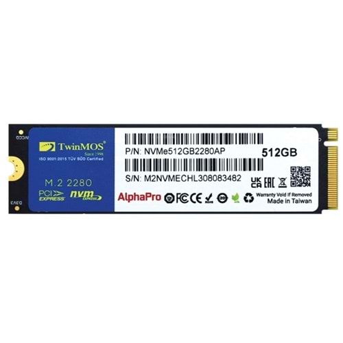 Twinmos 512GB NVMe512GB2280AP AlphaPro (3600/3250MB/s) PCIe + NVMe (3D NAND) M.2 Disk