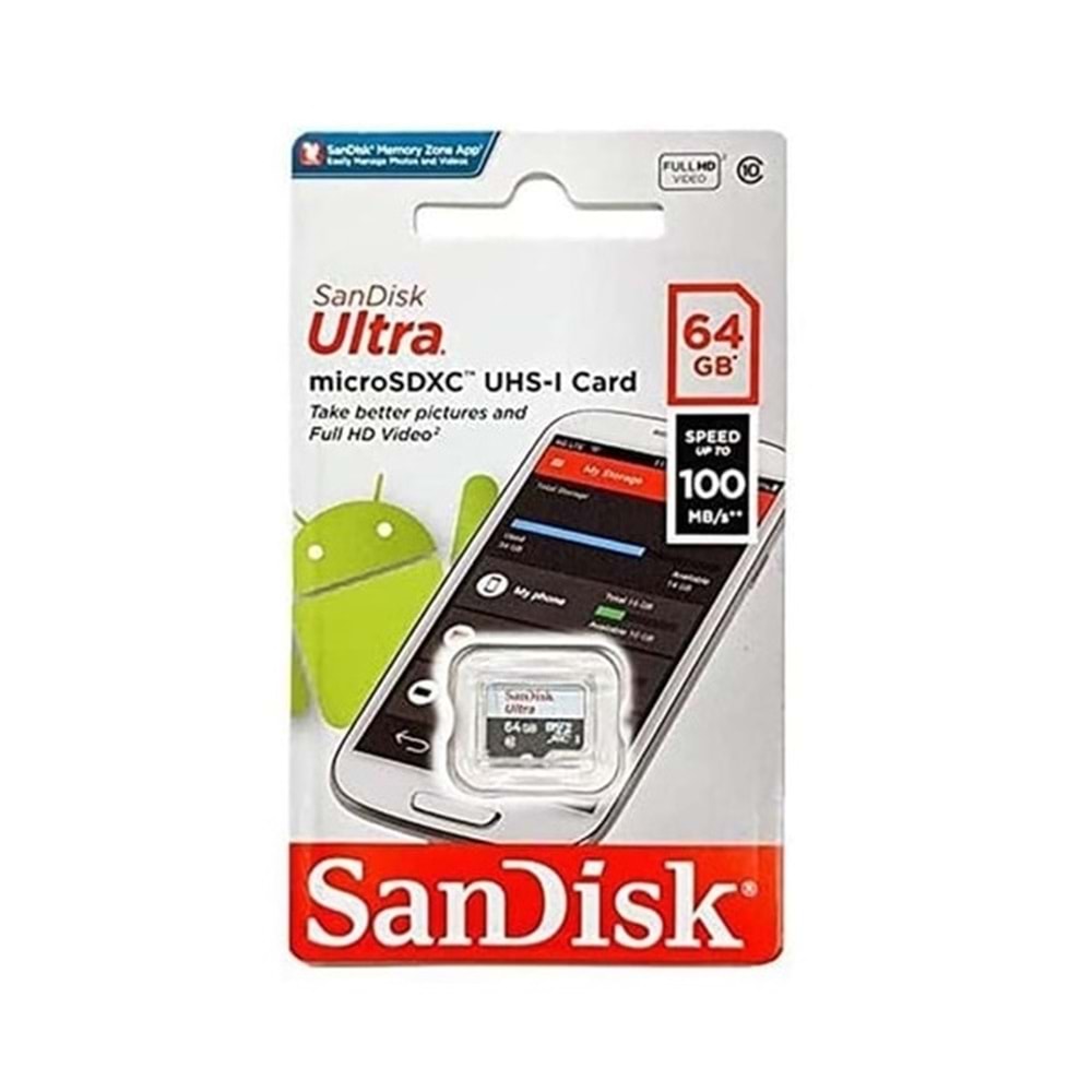 SanDisk 64GB Ultra Micro Sdhc Uhs-1 Class 10 100MB/S Micro Hafıza Kart SDSQUNR-064G-GN3MN