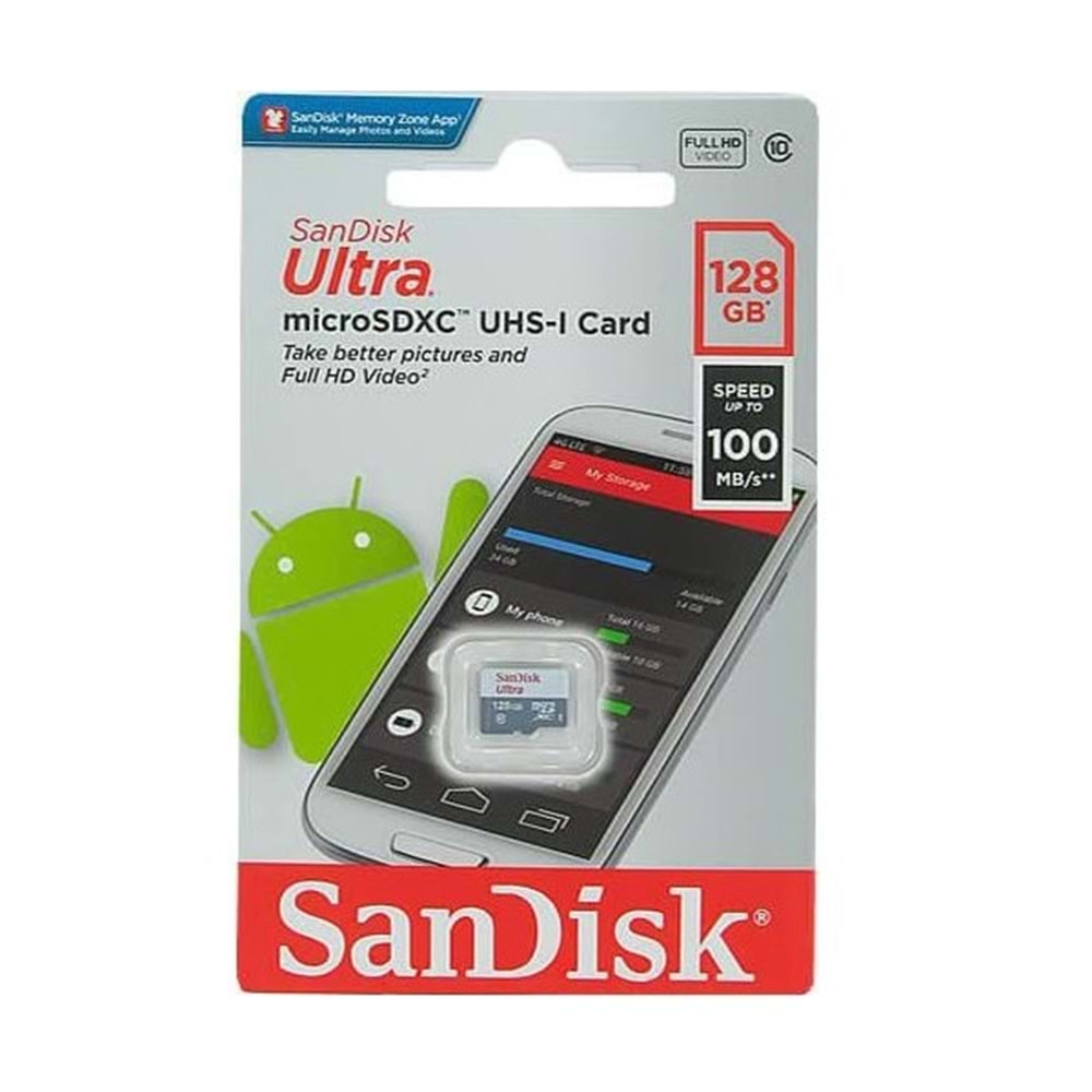 Sandisk 128GB Ultra Micro Sdhc Uhs-1 Class 10 100MB/S SDSQUNR-128G-GN6MN Hafıza Kart