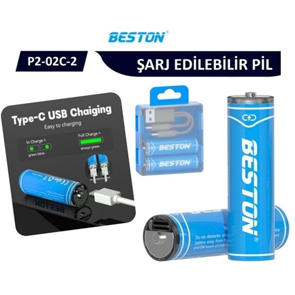Beston P2-02C-2 AA Şarj Edilebilir 2Li 1.5V USB-C Kalın Pil