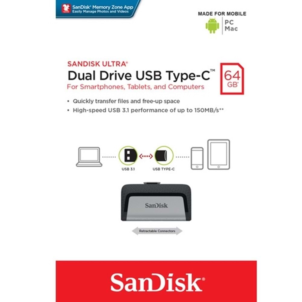 SanDisk 64GB Ultra Dual Drive Type-C OTG USB Bellek SDDDC2-064G-G46