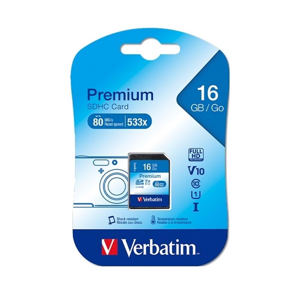 Verbatim Premium 16GB 80MB/S U1 SDHC C10 Hafıza Kartı