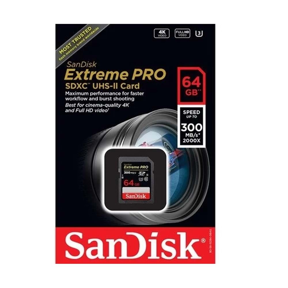 SanDisk 64GB Extreme Pro 300MB/s UHS-II SDXC V90 Hafıza Kartı (SDSDXDK-064G-GN4IN)